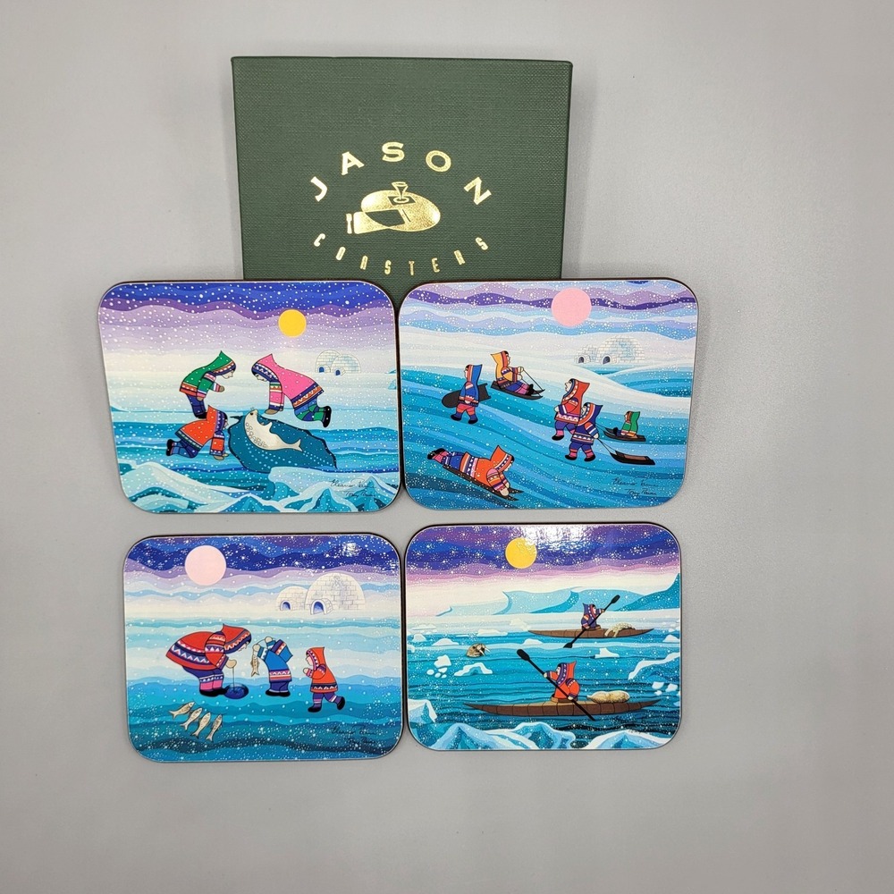 Jason Coasters Set Of 4 "Eskimo Family" Design Rectangular Home Table Decor #2